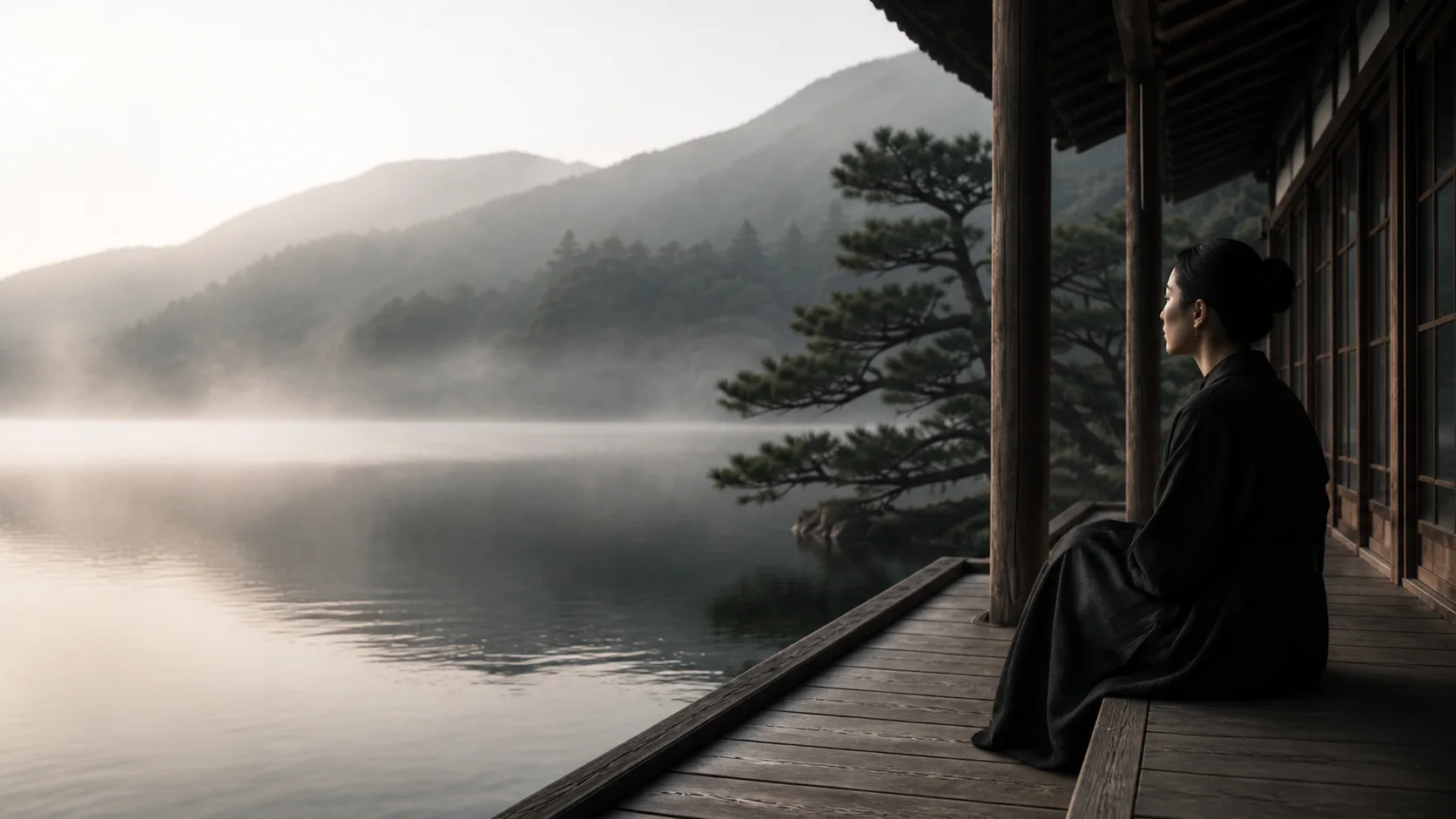 A person seated on a wooden lakeside veranda at dawn