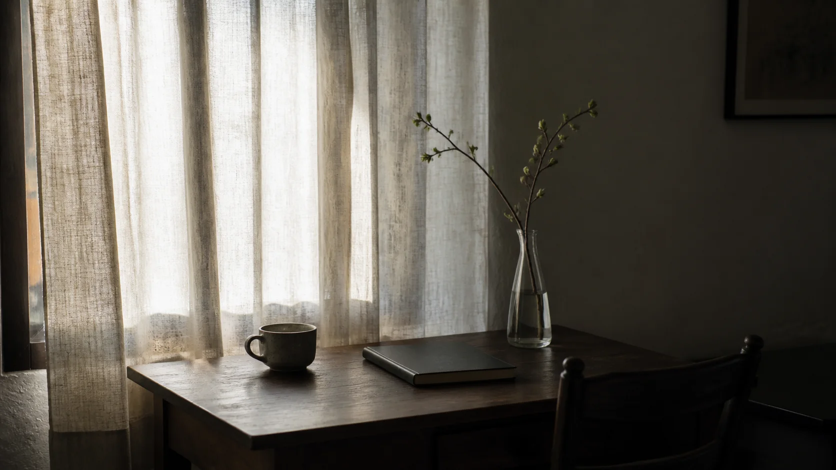 A wooden desk beside linen curtains in quiet morning light