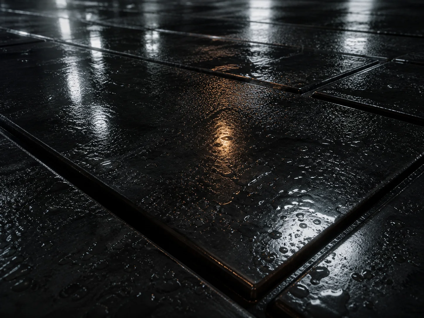 Wet dark floor panels reflecting technical strip lighting