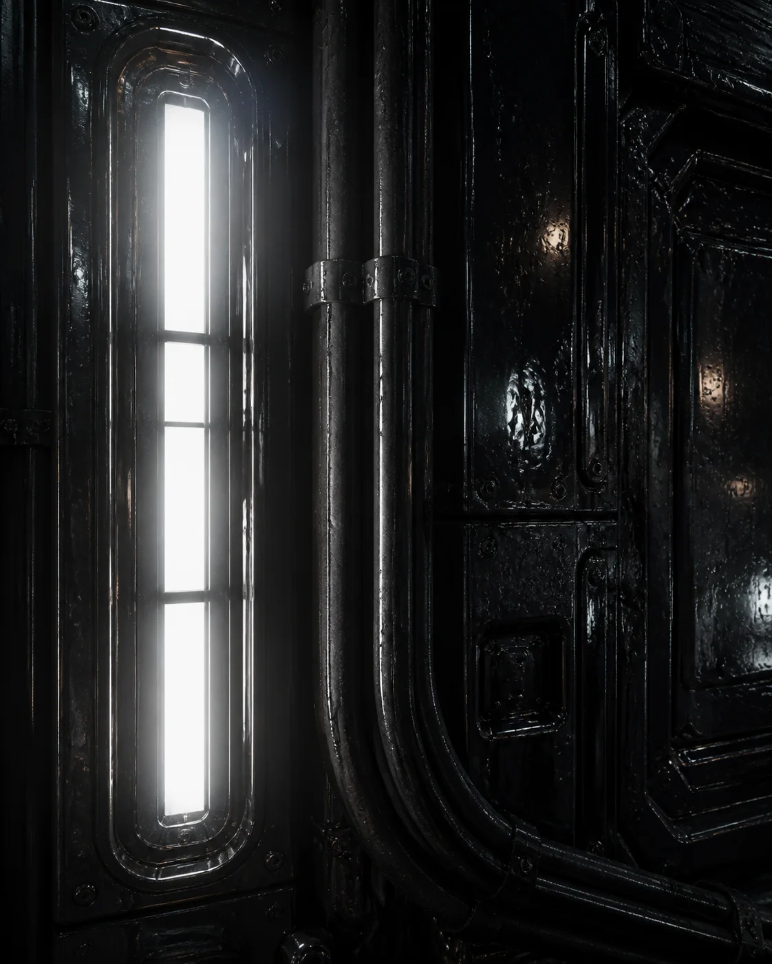 Wet black wall panels, cables, and a vertical white light