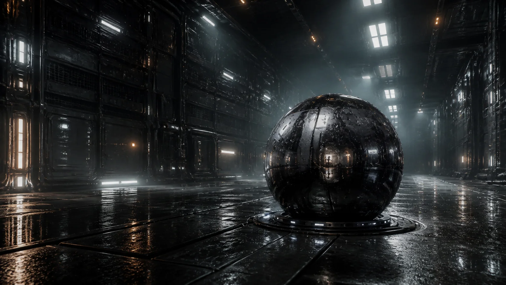 A reflective wet metal sphere inside a dark industrial chamber