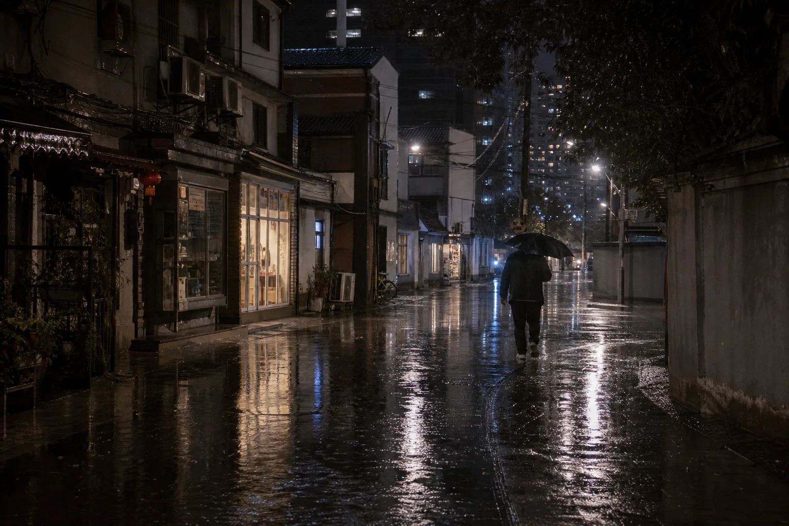 A lone umbrella crossing a reflective Shanghai lane at night